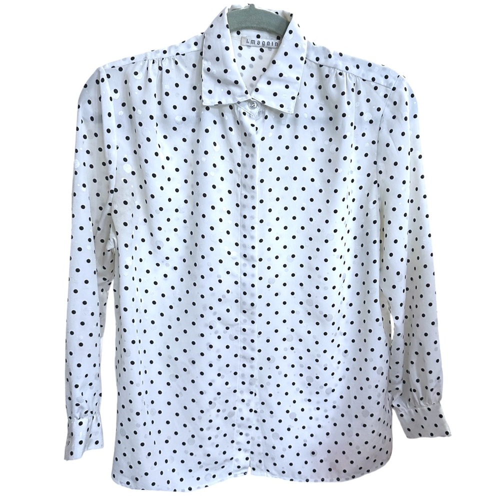 VTG I. MAGNIN Silky White Black Polka Dot Collared Button Down Shirt Blouse Top
